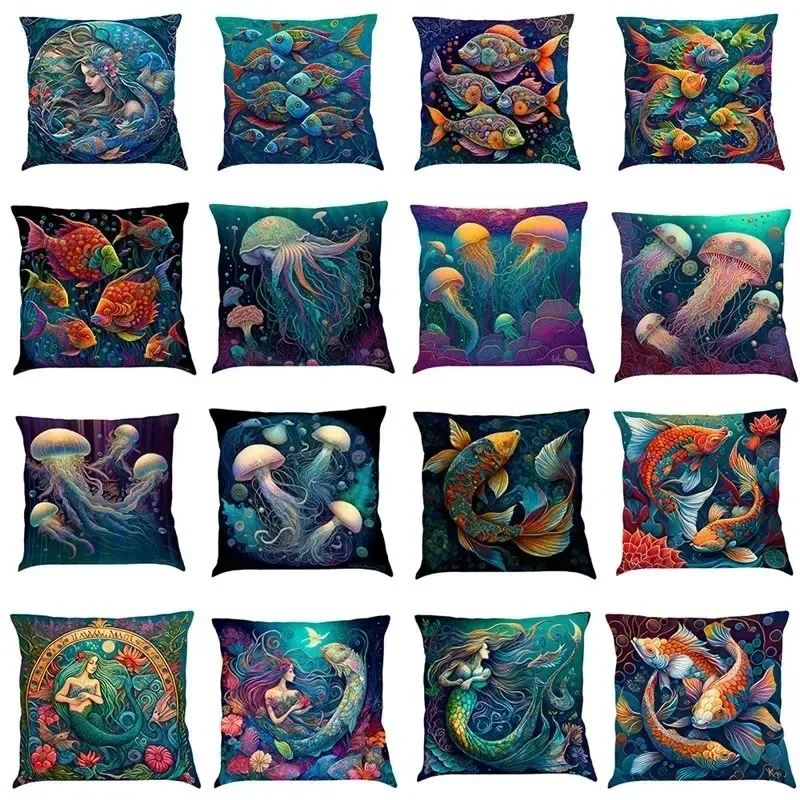 Blue Marine Life Theme Double-sided Printed pillow cover Short plush Suitable living rooms bedrooms sofas throw cushion cover