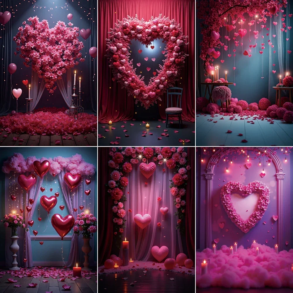 

MOON.QG 2025 Valentines Hanging Heart Flowers Photography Background Red Pink Drapes Backdrop Women Party Photocall Studio Props