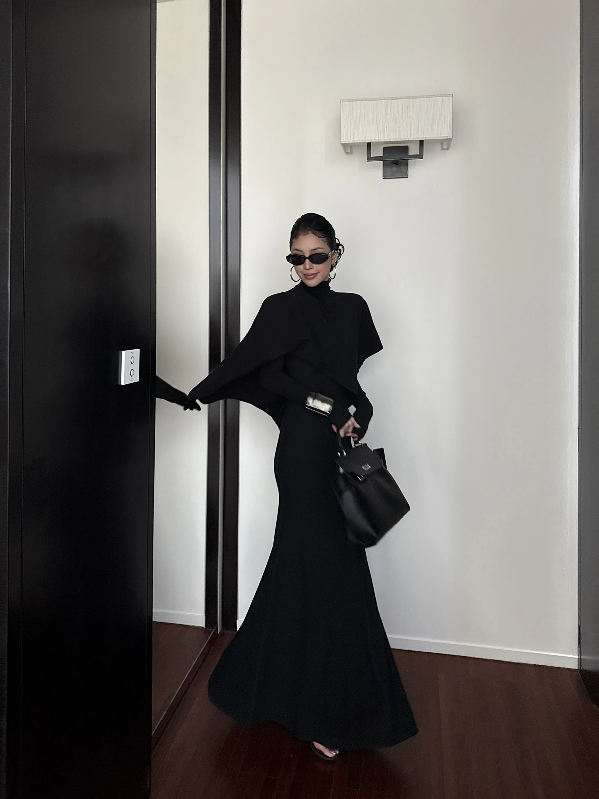 

Wildzero Black V-Neck Knitted Dress Women's Early Spring New High-End Asymmetrical Cover-Up Two-Piece Set Casual Style