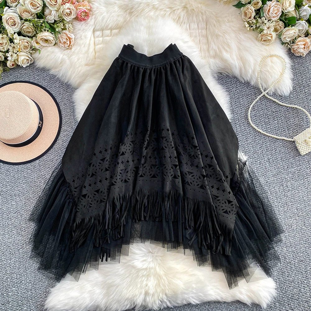 TWOTWINSTYLE Casual Vintage Slimming Skirts For Women High Waist Autumn Design Sense Hollow Out Skirt Female Fashion KSK555567