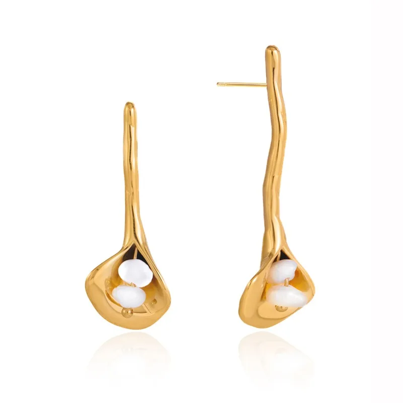 

Minar Unique Design Genuine Freshwater Pearl Flower Petal Long Drop Earrings for Women Femme 18K Gold PVD Plated Stainless Steel