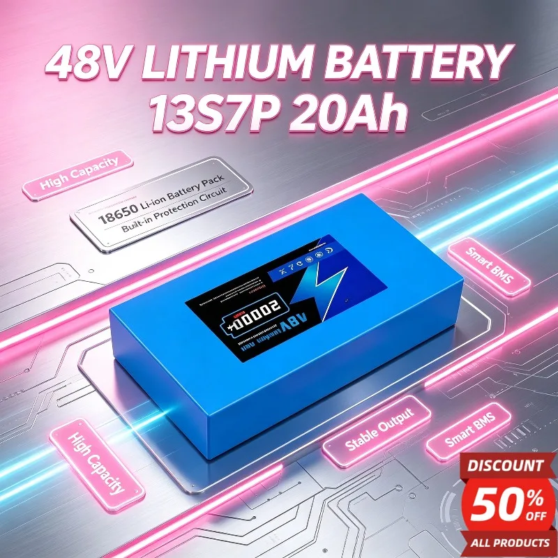 48V 20Ah Lithium‑ion Battery Pack 13S7P 18650 Rechargeable Battery Built‑in 30A BMS for Electric Bike Scooter + 54.6V 2A Charger