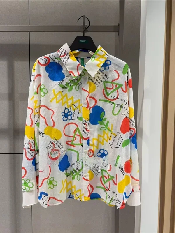 

Fashionable Graffiti Long Sleeve Shirt Loose Casual Style Summer New Arrival Women's Premium Shirt Collar Button Detail