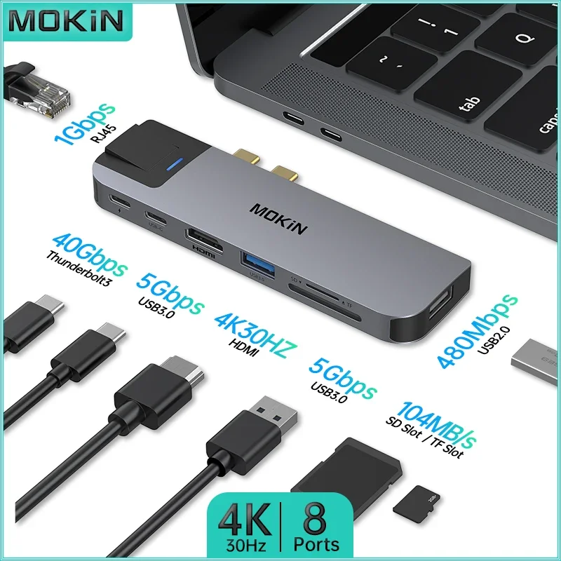 MOKiN USB C 허브, 썬더볼트 3 기가비트 이더넷 SD/TF 리더, 맥북 에어 프로 PC용 USB C 독, USB 3.0 도킹 스테이션, 6 in, 7/8 in 2