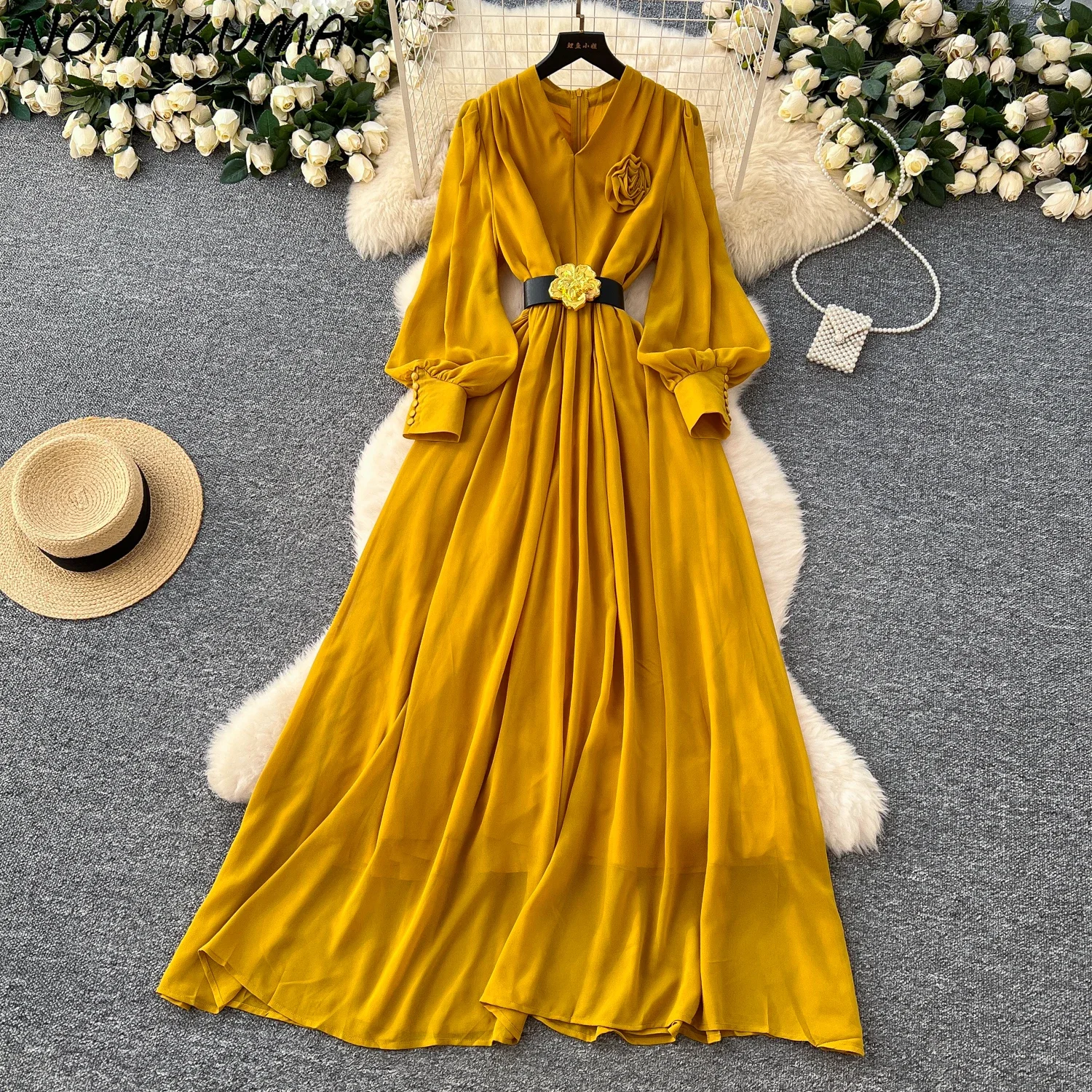 

Nomikuma Elegant Dress with Women's Three-dimensional Flower V-neck Long Sleeves Slim Waist A-line Long Vestidos