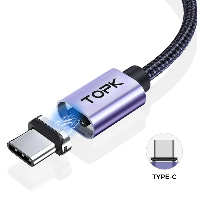 TOPK Magnetisches Ladekabel 3A Micro USB Typ C Kabel mit LED-Licht Magnet Telefon Ladegerät Kabel für iPhone Android Geräte