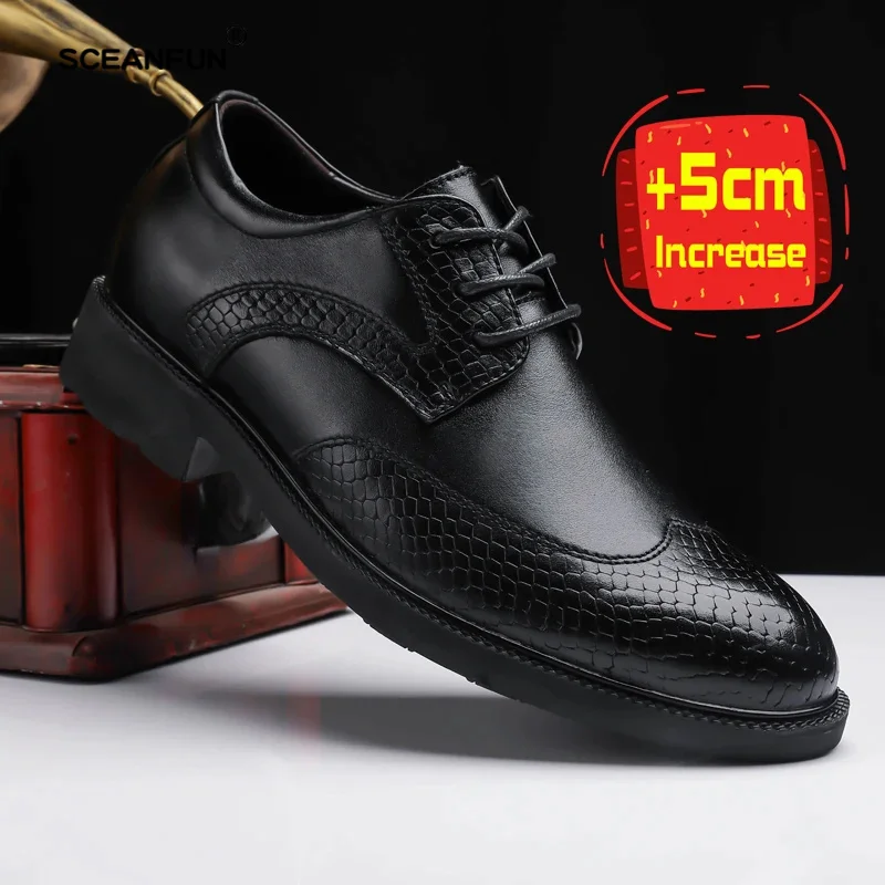 Men shoes invisible height increasing 5cm snakeskin genuine leather oxfords business dress wedding shoes casual brogues luxury