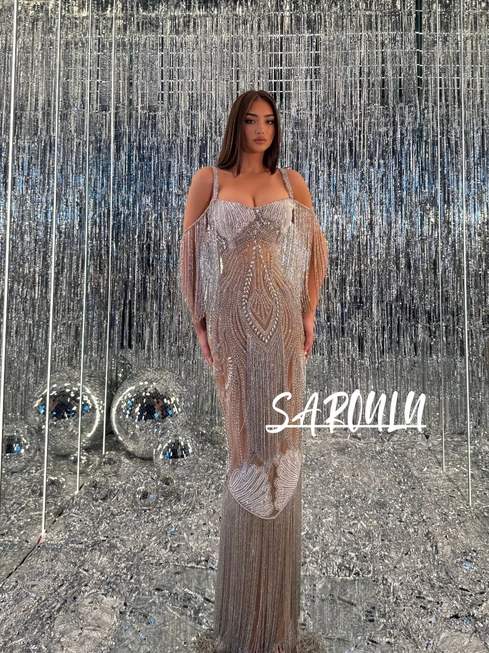 Silver Rhinestone Fringe Evening Dress Women’s Charming Mesh See Through Slim Fit Shiny Formal Prom Cocktail Gown Customized
