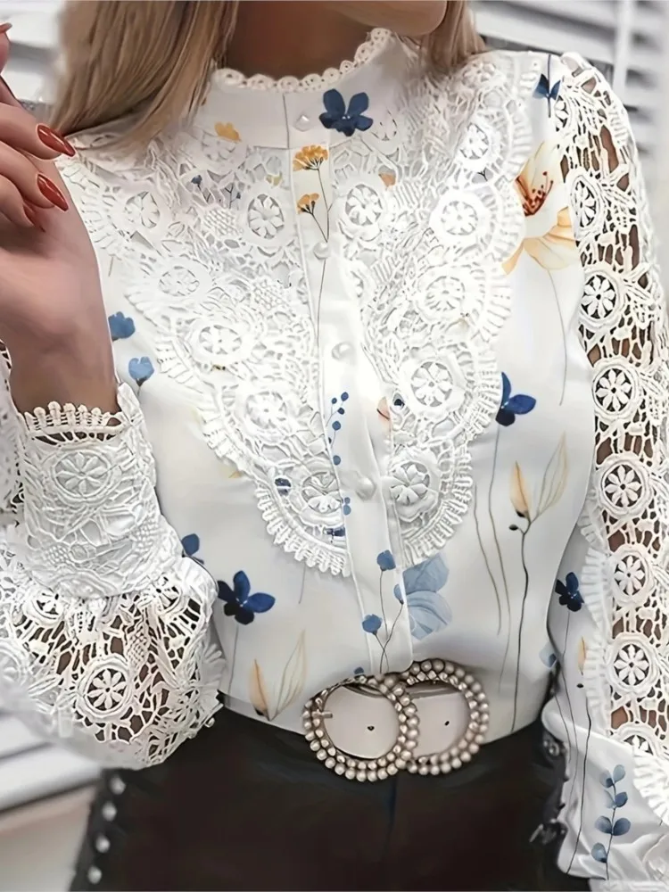 

Fashion Vintage White Lace Long Sleeve Woman Shirts 2024 Autumn Buttons Floral Print Tops And Blouses Womens Top Femme Shirt