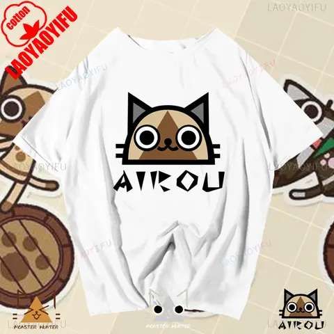 Kawaii AIROU 고양이 만화 티셔츠, 일본 게임 몬스터 헌터, 코튼 티셔츠, 남성 모달 반팔 상의, 힙스터 루즈 티, 핫 세일