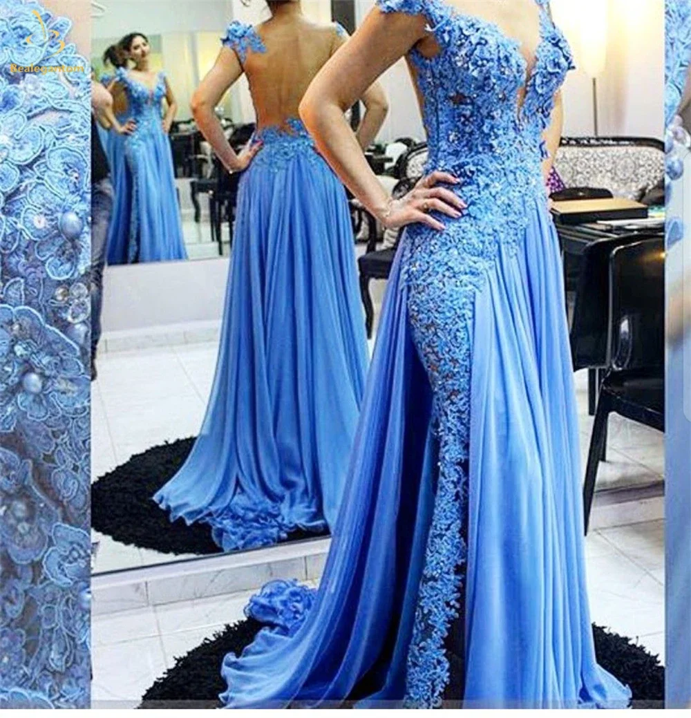 2024 Newest Elegant Blue Chiffon Mermaid Evening Dresses Illusion Scoop Lace Appliques Formal Prom Party Gown