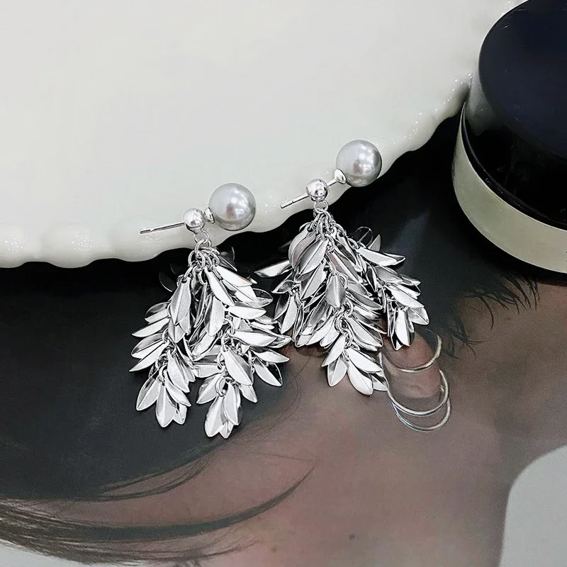 S999 Pure Silver Luxury Leaf Pearl Stud Earrings Women's Luxury Wind Wave Light Ling Ling Ling Earrings New Year's Gift