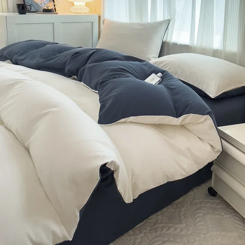 2-side Solid Color Brush Fabric Bed Set 4 Pieces Duvet Cover Pillowcase Bedding Set Bed Sheet Quilt Cover Single Queen King Size
