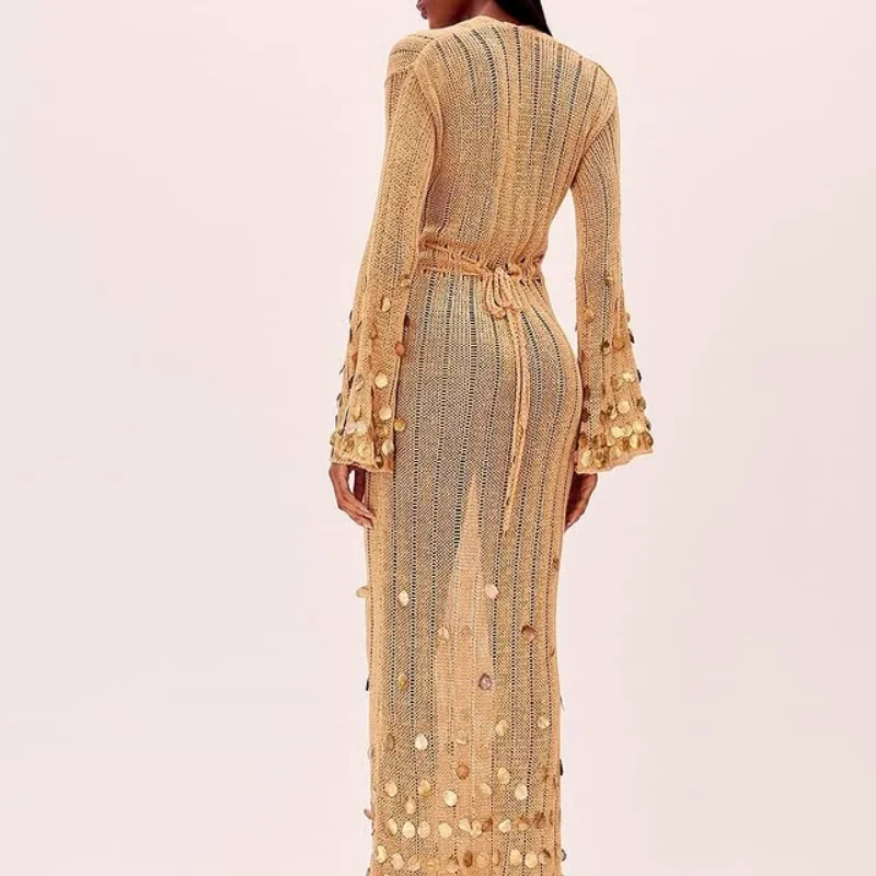 Shinny Sequin Knitted Maxi Dress Deep Neck Lace Up High Waist Long Robes See Though Party Club Dresses 2025 New Lady Clothing image 5