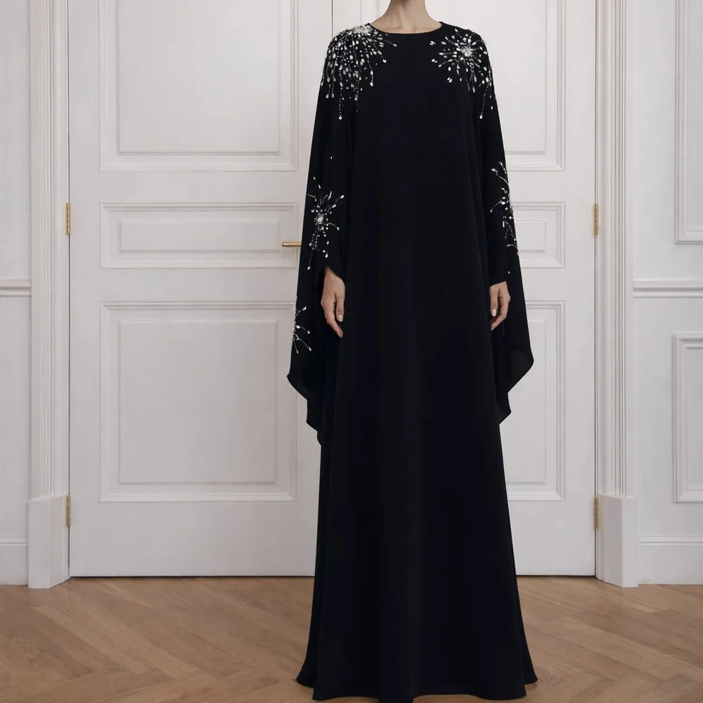 Maßgeschneiderte schwarze Luxus-Abendkleider mit Kristallen für Damen, U-Ausschnitt, lange Ärmel, A-Linie, bodenlang, Ballkleider, Partykleid