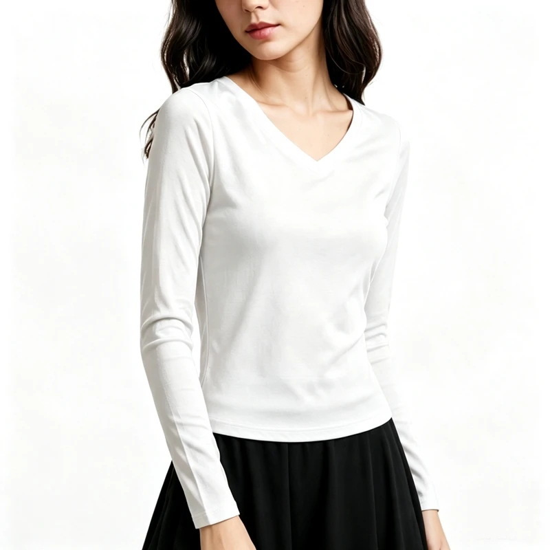 Damen Langarm V-Ausschnitt Slim Fit T-Shirt, Einfarbig, Weich, Dehnbar, Gestricktes Unterhemd, Casual Alltags-Unterwäsche für Frauen Q43 – Detail 7