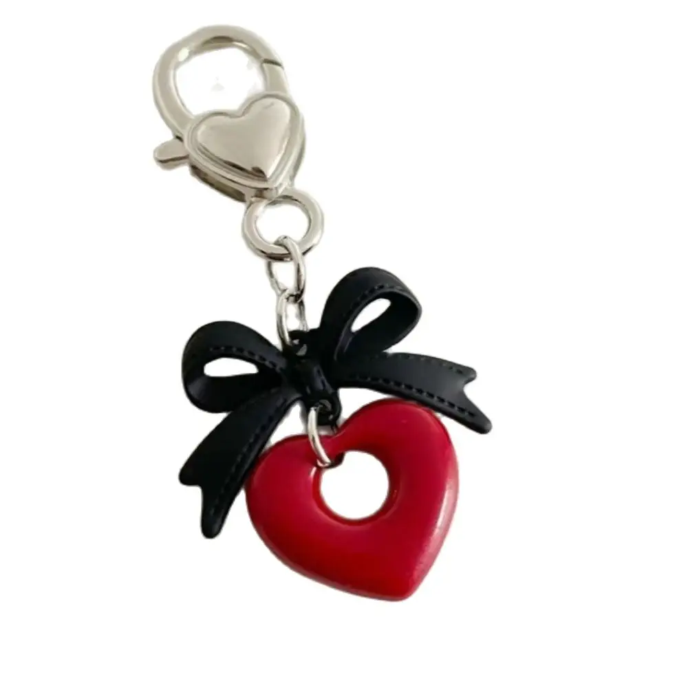 Black Leather Bowknot Red Hollow Heart Keychain Y2K Grunge Fashion Bag Backpacks Hanging Ornament Retro Car Key Chain view 2