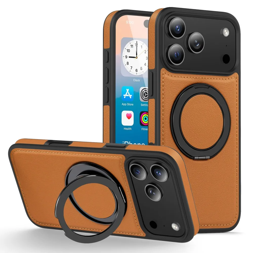 

Fashion Leather Phone Case For Iphone 17 Pro Max Air 16 Plus Magnetic Wireless Charger Shell Shockproof Rotate Holder Back Cover