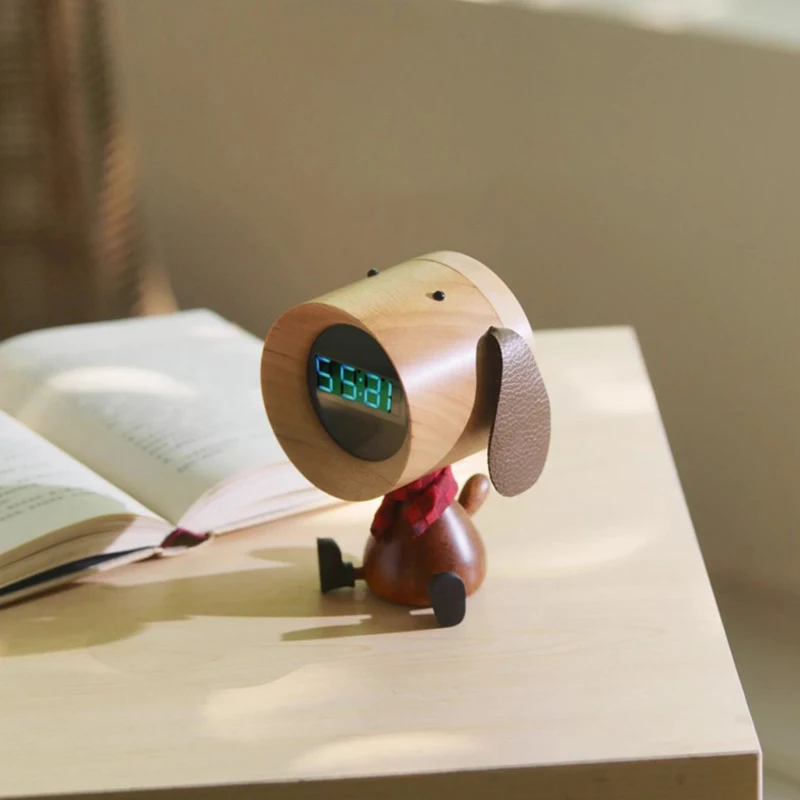 Wood Alarm Clock Cartoon Pit Desk Clocks with Sound & Motion Sensor Cute Dog Design  USB Charging