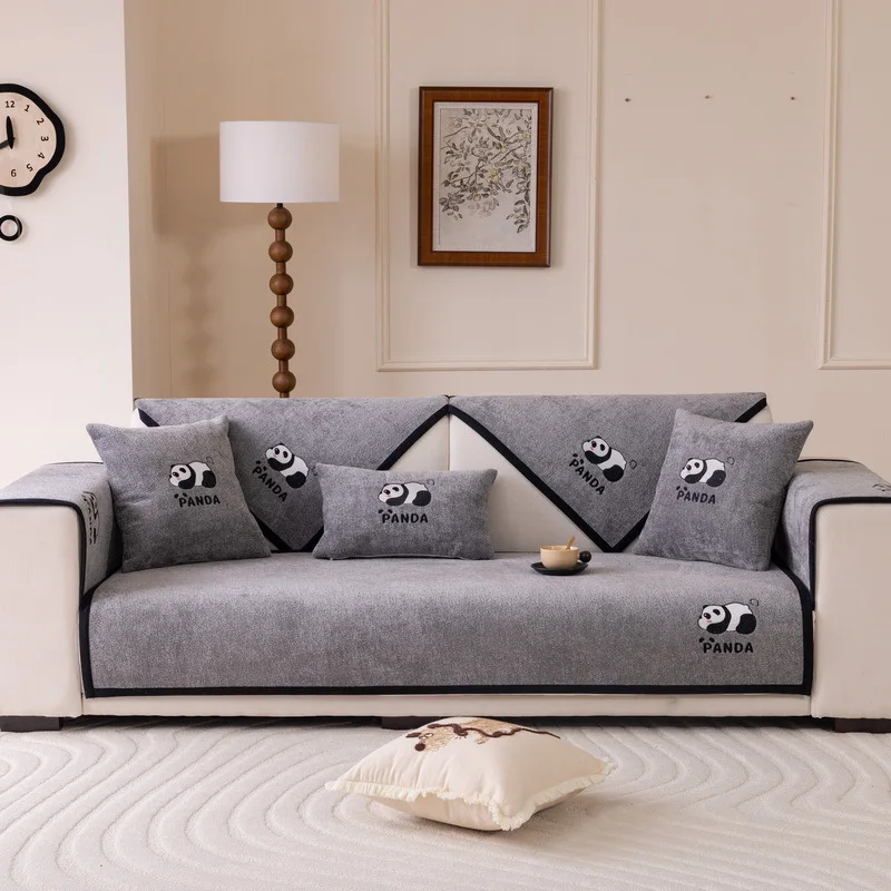 Chenille Sofa Cushion Luxurious Texture Sofa Home Protection Cover All Season Universal Color Block Bound Sofa Cover Towel Gray