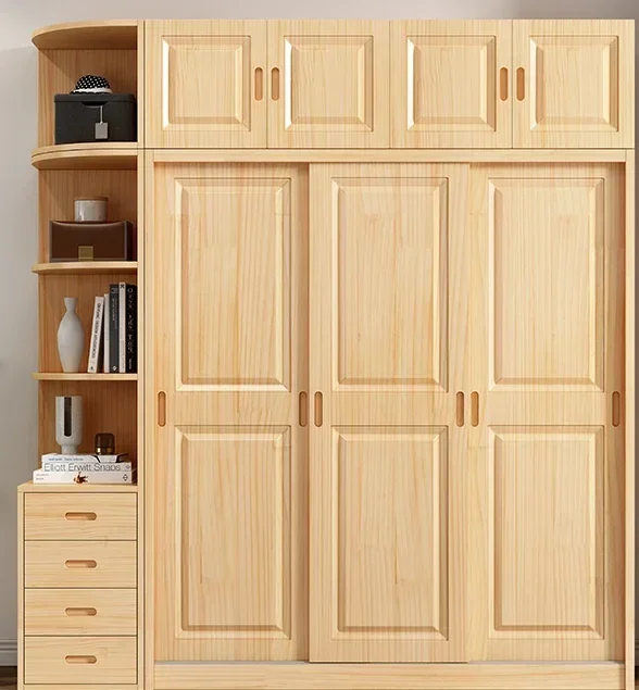 Full solid wood pine sliding door wardrobe, modern natural wood children's clothing cabinet,household bedroom storage cabinet