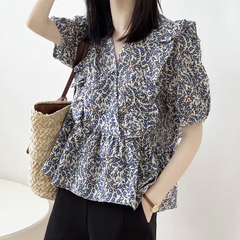 

Female Clothing Broken Flowers Shirt Vintage Printed Fashion Ruffles Spliced Summer Elegant V-Neck Loose Short Sleeve Blouse New