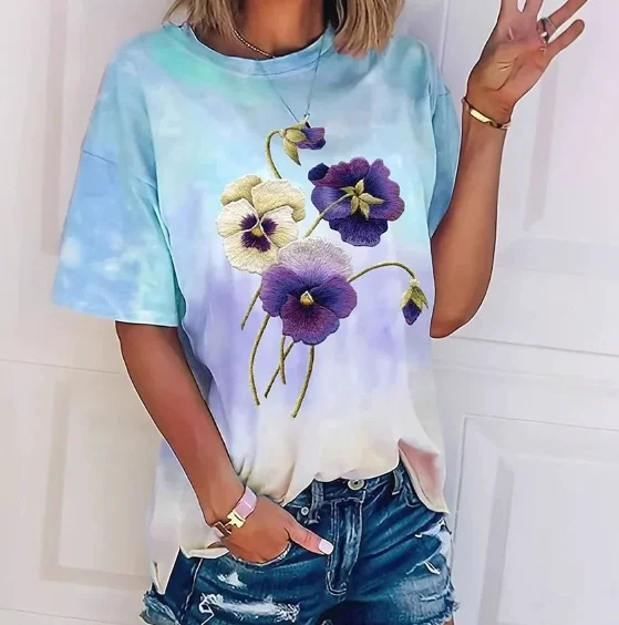 

2025 Summer New Women's Fashion Simple Printed Pattern Short Sleeve Round Neck Top