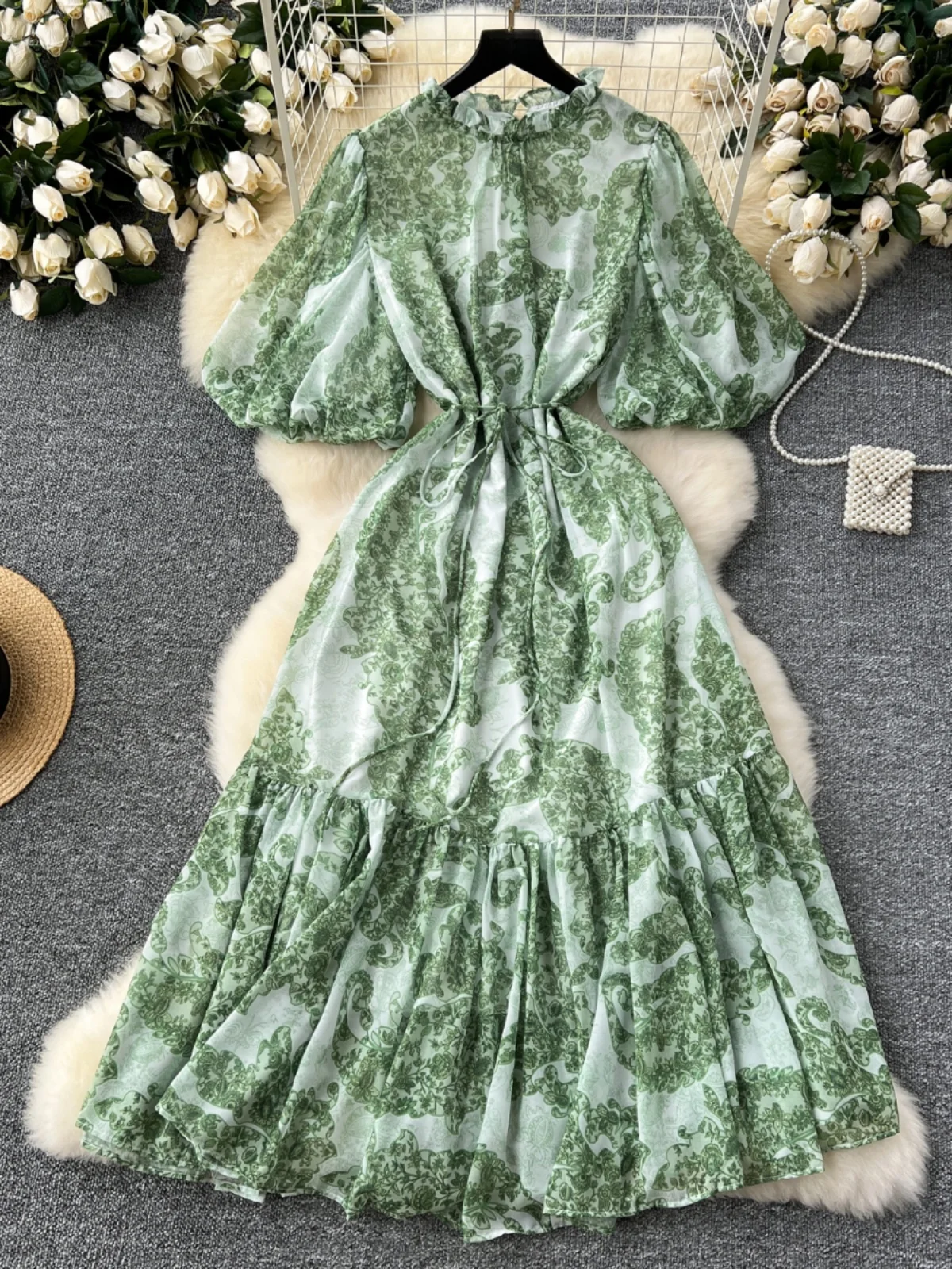 레트로 플로럴 프린트 여성 미디 드레스 라운드 넥 슬림 버블 슬리브 헴드 쉬폰 스커트 하이 웨이스트 A라인 한국 스타일