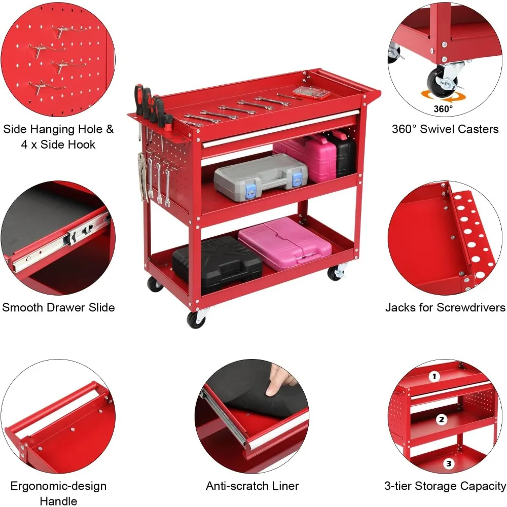 عربة أدوات دوارة من 3 طبقات مع أدراج، عربة أدوات شديدة التحمل على عجلات، صندوق أدوات دوارة للمرآب والمستودعات والمصنع