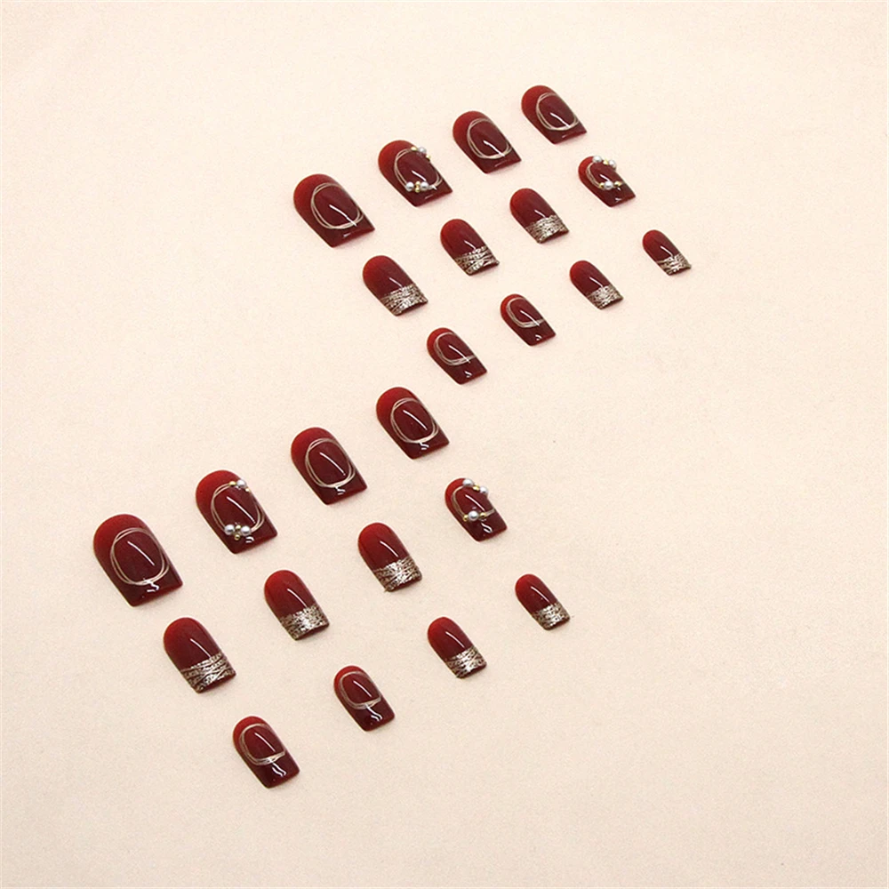 1/5SETS Burgundy Fake Nails New Year The New Nail Art Save Time Nail Patch Removable Fashion Design Nail Art Diy