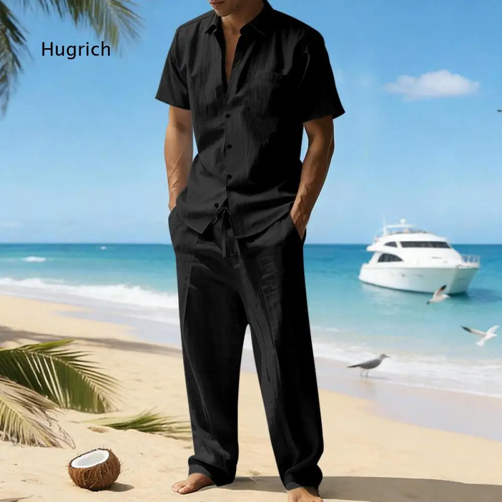 Beach Travel Two Piece Outfit For Men Crinkle Fabric Turn Down Collar Short Sleeve Shirt And Drawstring Waist Loose Long Pants