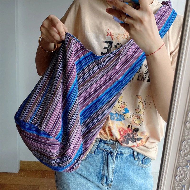 Vintage Bohemian Chic Canvas Shoulder Bag Ethnic Style Large Capacity Handbag Soft Tote Bag Casual Crossbody Bag Female Daily