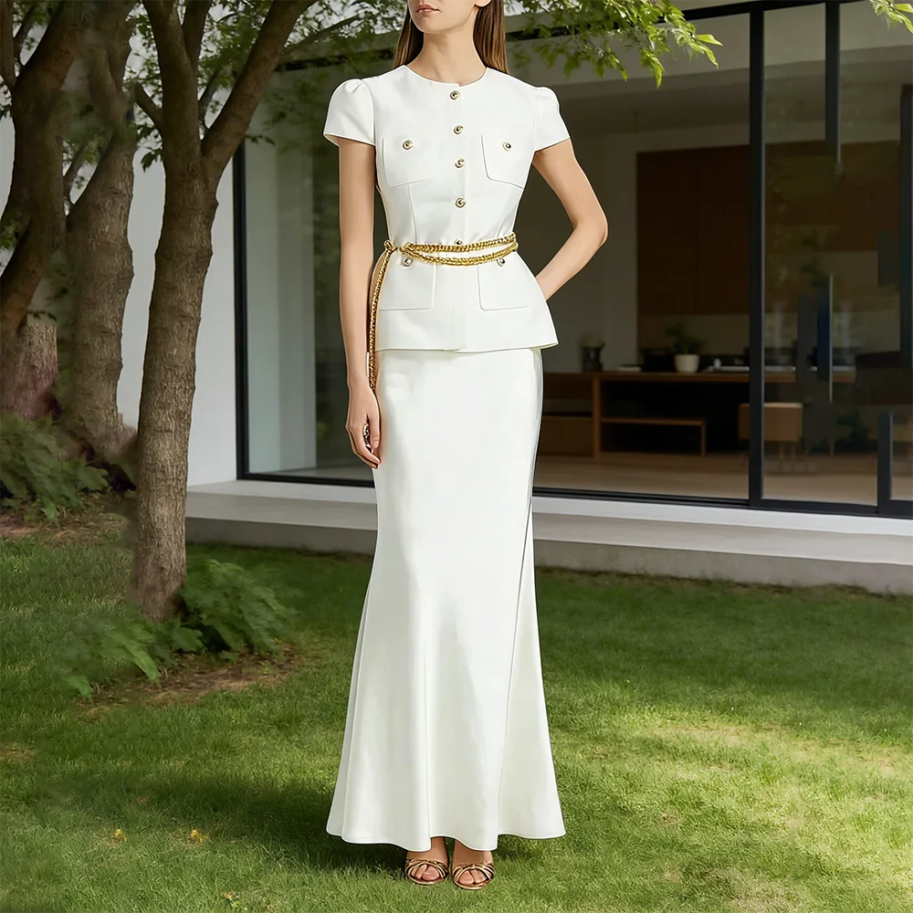 Customized Fashion Button Two Piece Mermaid Ankle Length Evening Dress Party Dress Women's O-neck Short Sleeve Prom Gown 2026