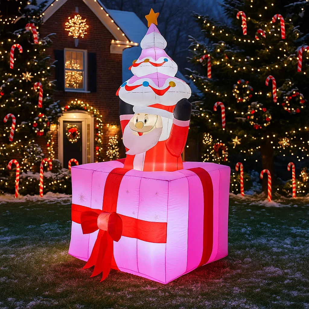 1.8M/5.9FT Inflatable Santa Claus with Christmas Tree Gift Box LED Lights Home Decorations Toys Yard Xmas Supplies Holiday Decor