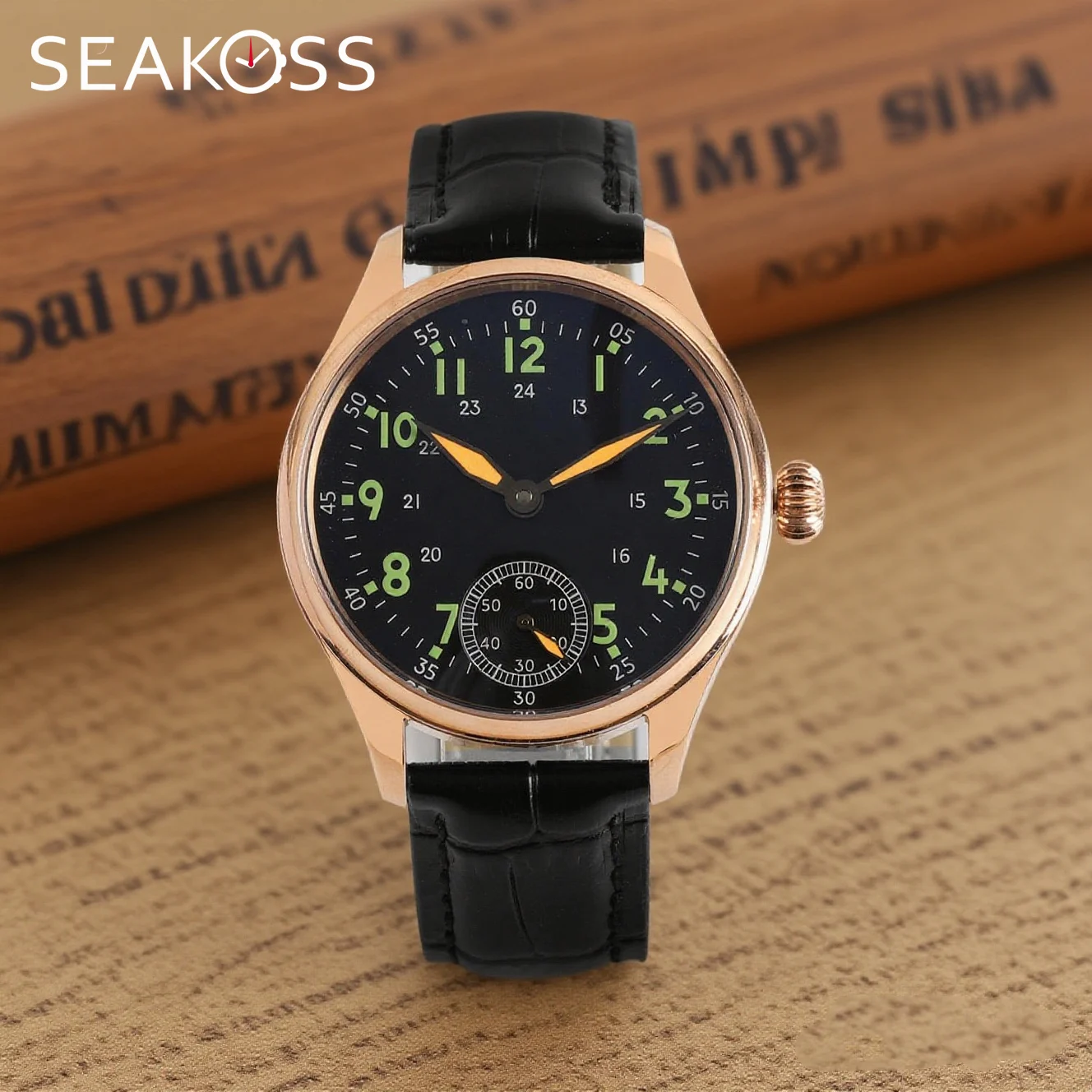 

SEAKOSS 40 мм настраиваемые механические часы с ручным управлением и механизмом чайки ST3621 ETA6498 Pilot Night Light мужские часы розовое золото GR013