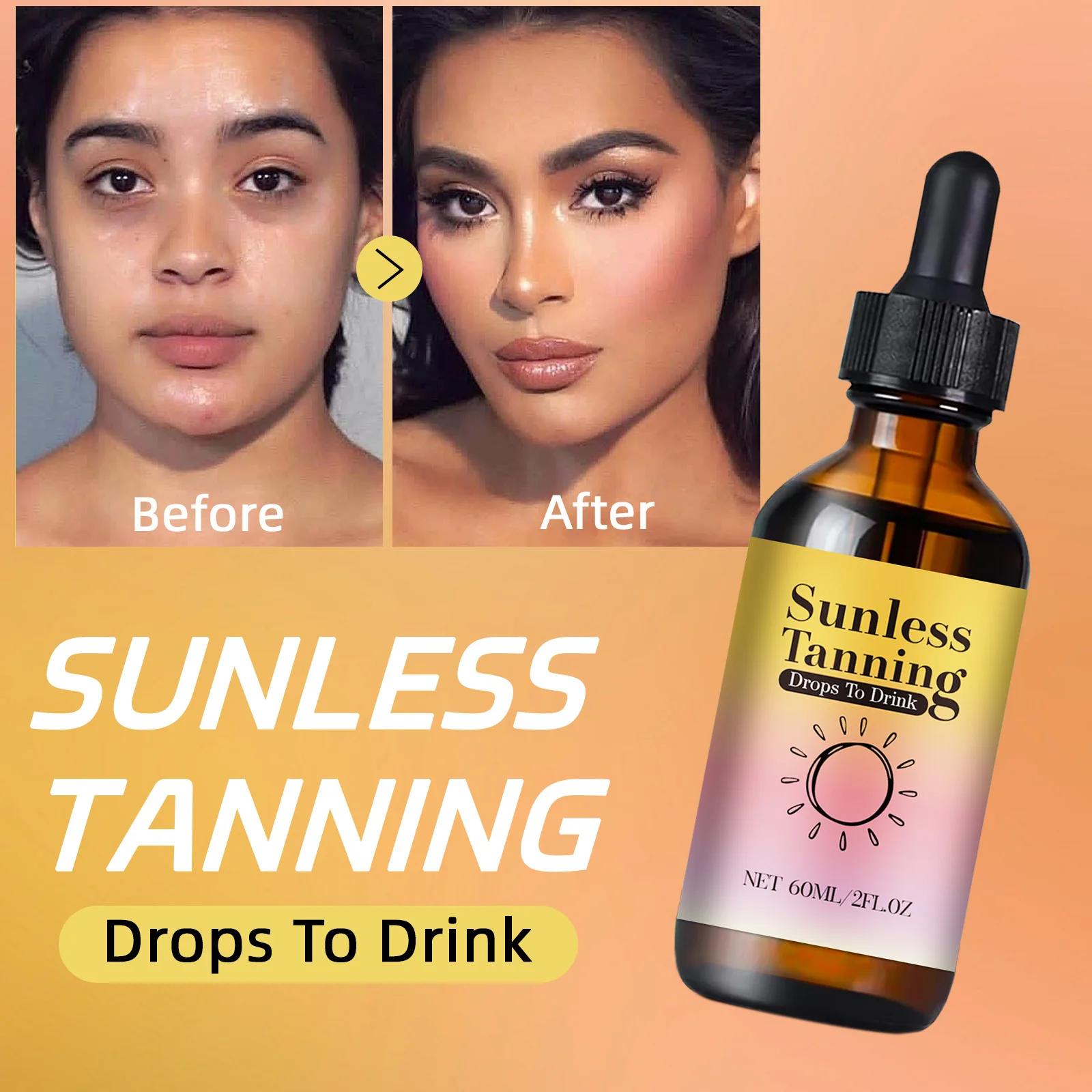60ml Sunless Tanning Drops to Drink Natural Self Tanner Supplement Tan Booster Drops for All Skin Types, Achieve Sun-Kissed