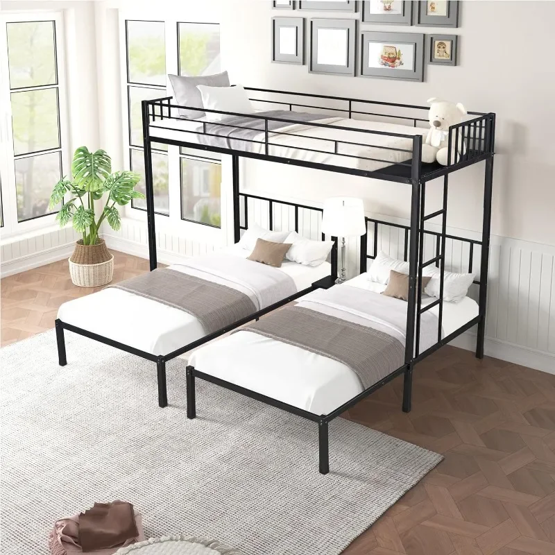 ZHENXIANG Triple Bunk Beds,3 Twin Bunk Beds for Kids Teens Boys Grils,Metal Heavy Duty Bunk Bed with Guardrail Ladder,Convert