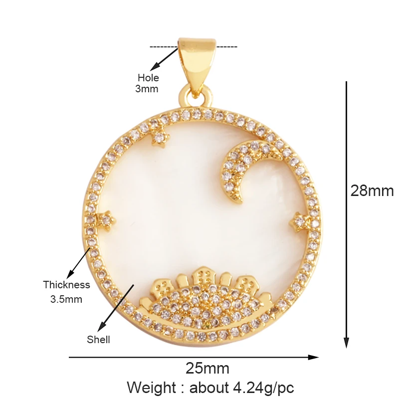 Kompass, glänzender Sonne, Mond, Stern, Muschel-Charm-Anhänger, 18 Karat vergoldetes Gold, eingelegter Zirkonia, Schmuck, Halskette, Armband, Zubehör S45 – Detail 14