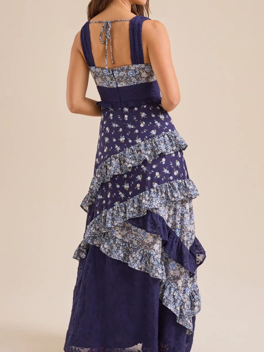 Women Y2k Floral Patchwork Dress Boho Ruffle Smocked Maxi Dress Sleeveless Flowy Summer Beach Sundress 90s 00s Vintage Clothes