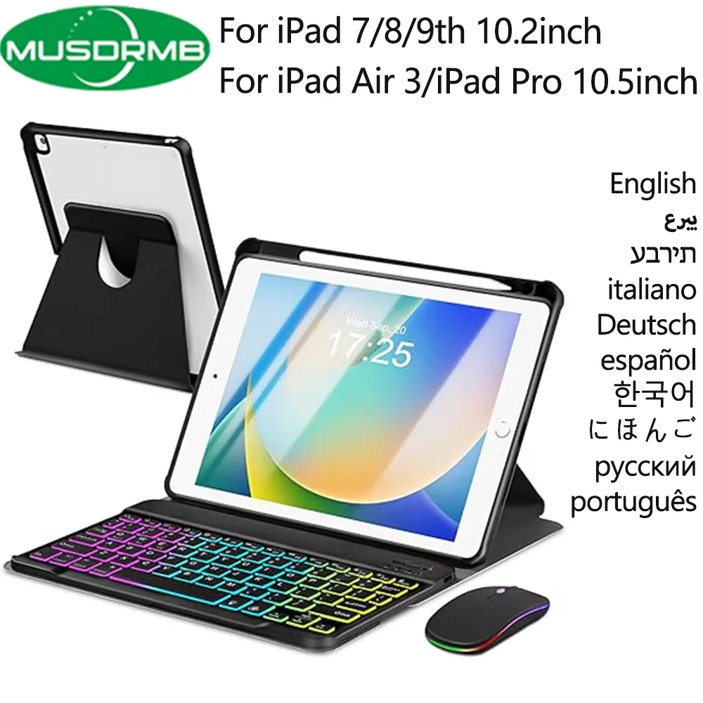 Rotate Case Keyboard with Mouse for iPad 7th 8th 9th Generation 360 Degree Rotating Cover for iPad Air 3 Pro 10.5 Wireless