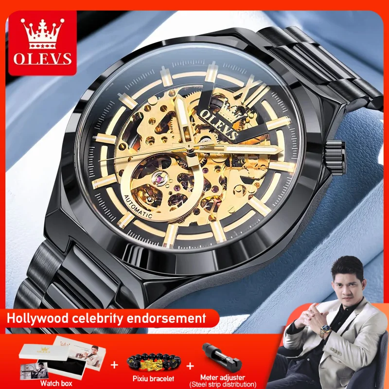 

OLVES 6722 Mens Watch Original Luxury Skeleton Automatic Mechanical Watch Waterproof Luminous Stainless Steel Watches For Man