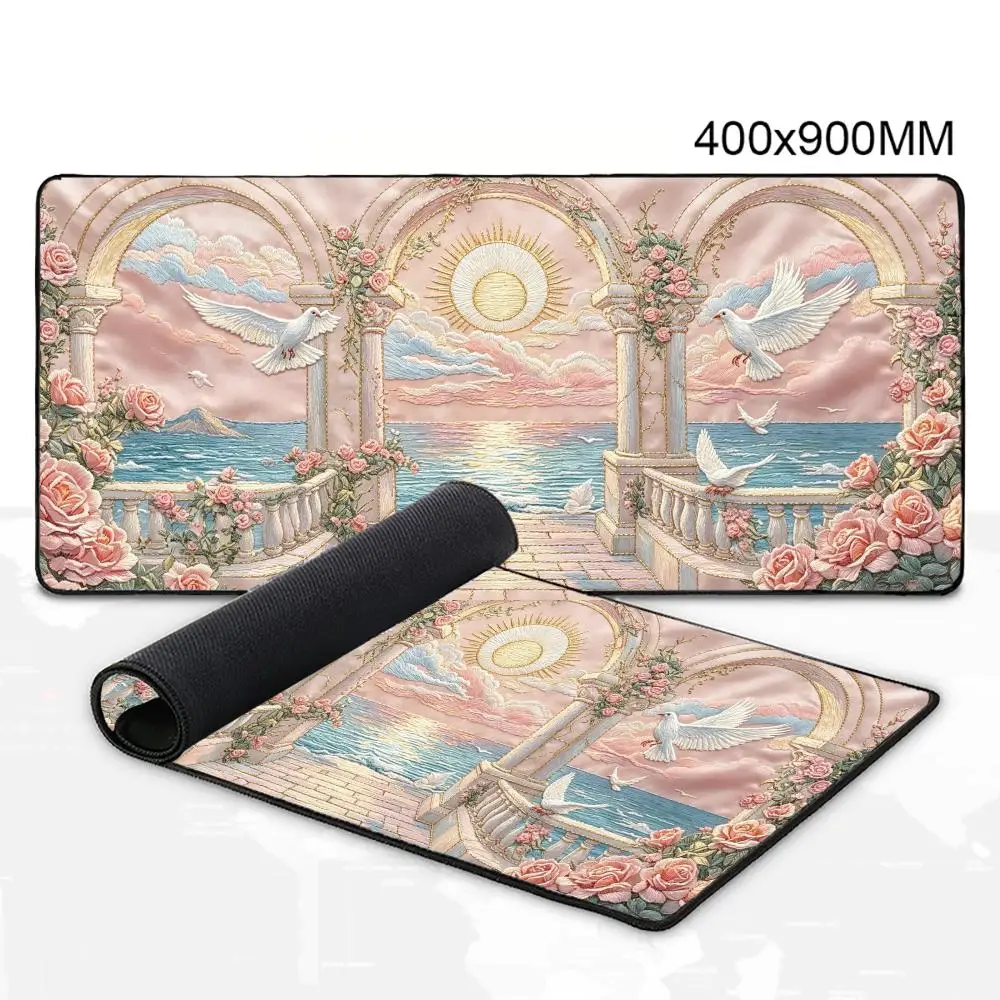 Embroidery Style Seaview Arch Large Mouse Pad Rose Dove Sunset Ocean Art Desk Mat for Home Office Gaming Decor