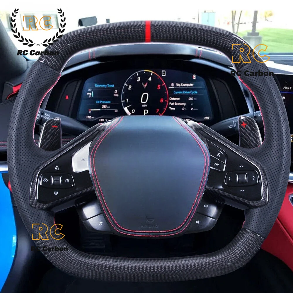 Real Carbon Fiber Perforated Leather Steering Wheel Fit For 2019+ Chevrolet C8 Corvette Z51 Sport Racing Steering Wheel