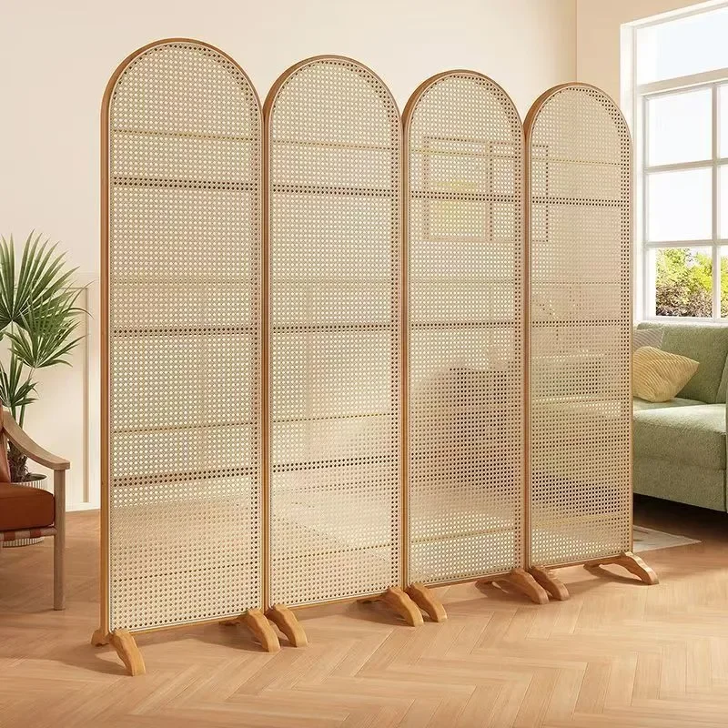 Japanese Rattan Folding Screen Partition Movable Room Divider for Living Room Small Apartment Home Decor Bookshelf Storage