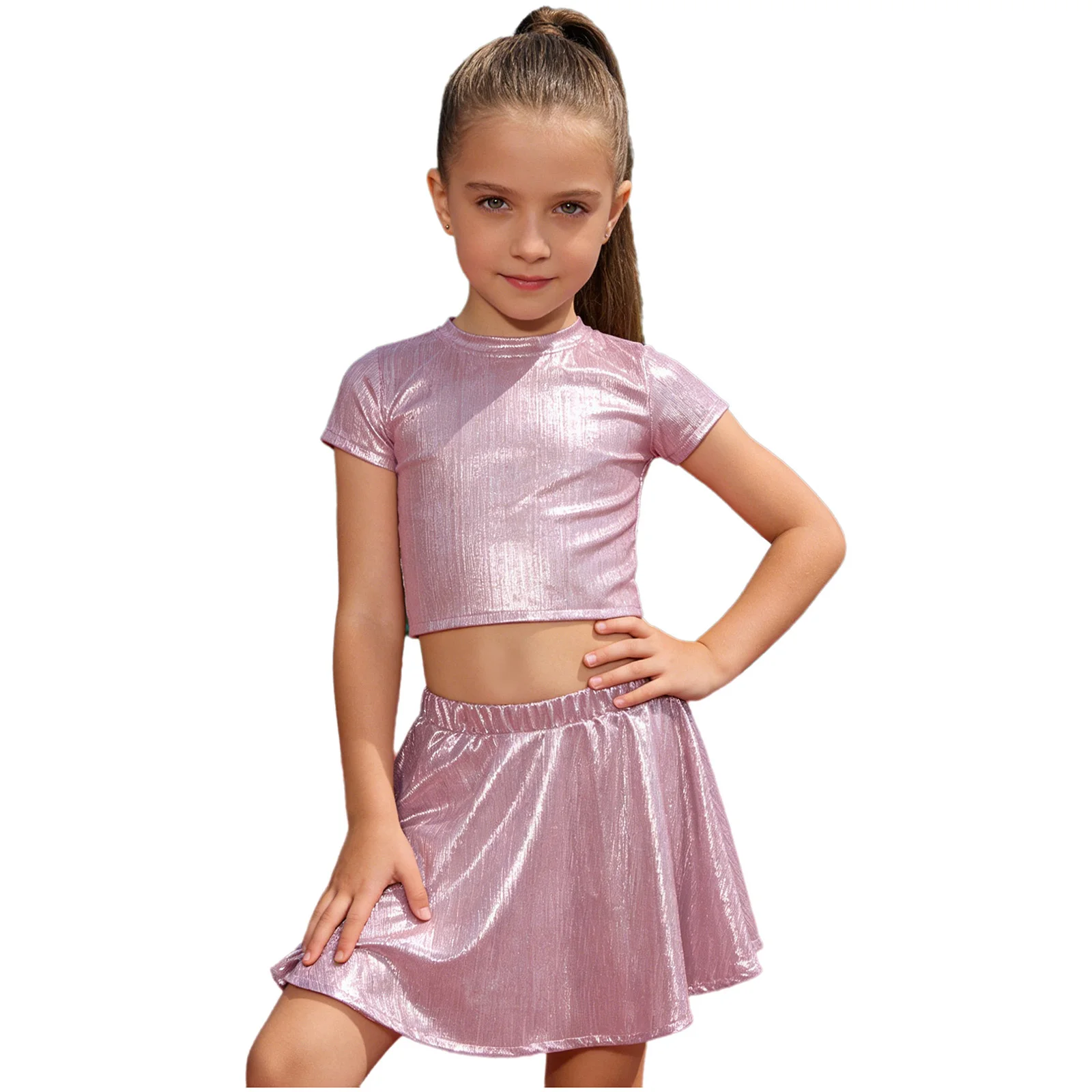 

Kids Girls Jazz Street Dance Set Metallic Ribbed Short Sleeve Tee with Elastic Waist Skirt for Hip Hop Cheerleading Performance