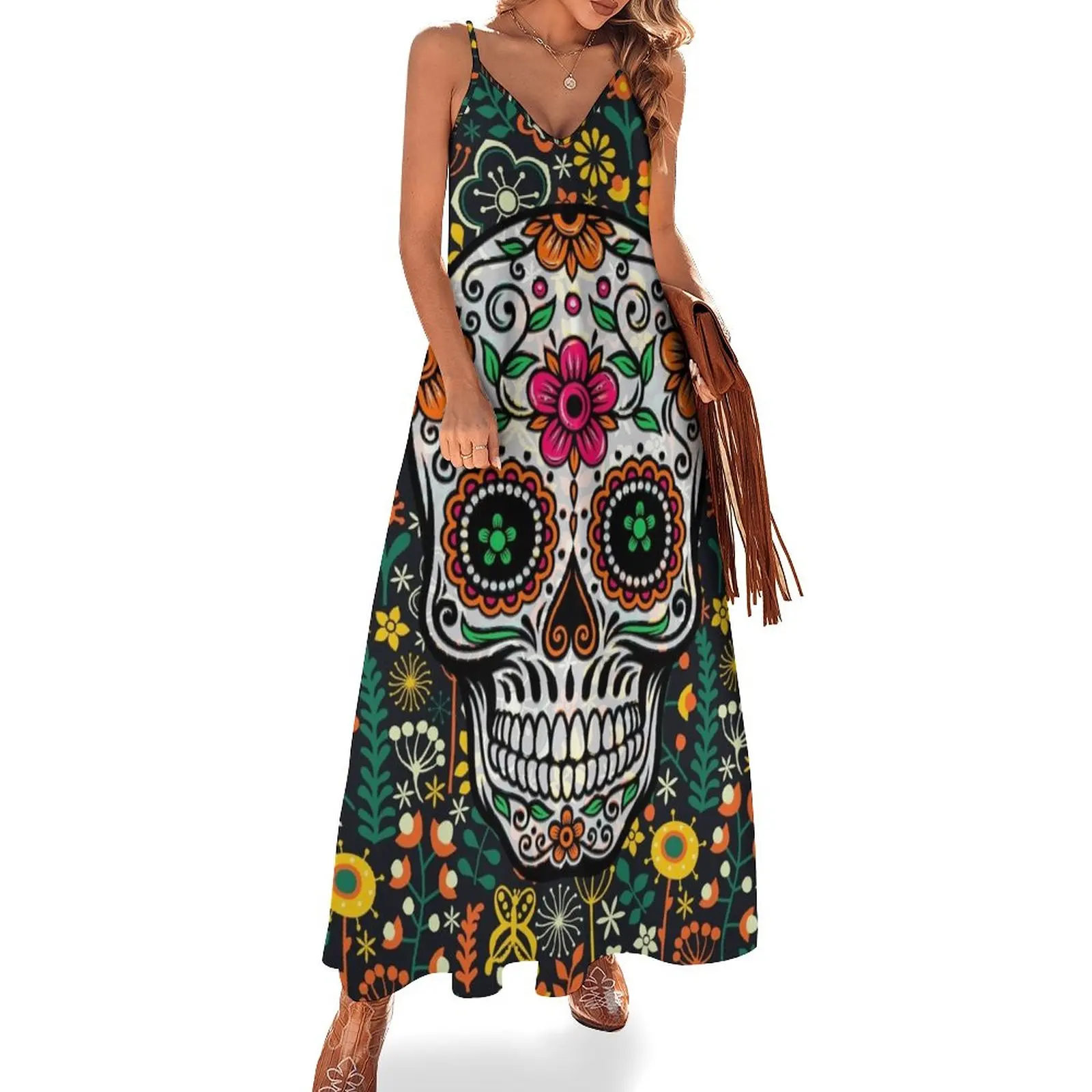 

Colorful Sugar Skull & Retro FlowersPattern Background Sleeveless Dress long sleeve dress clothes for women