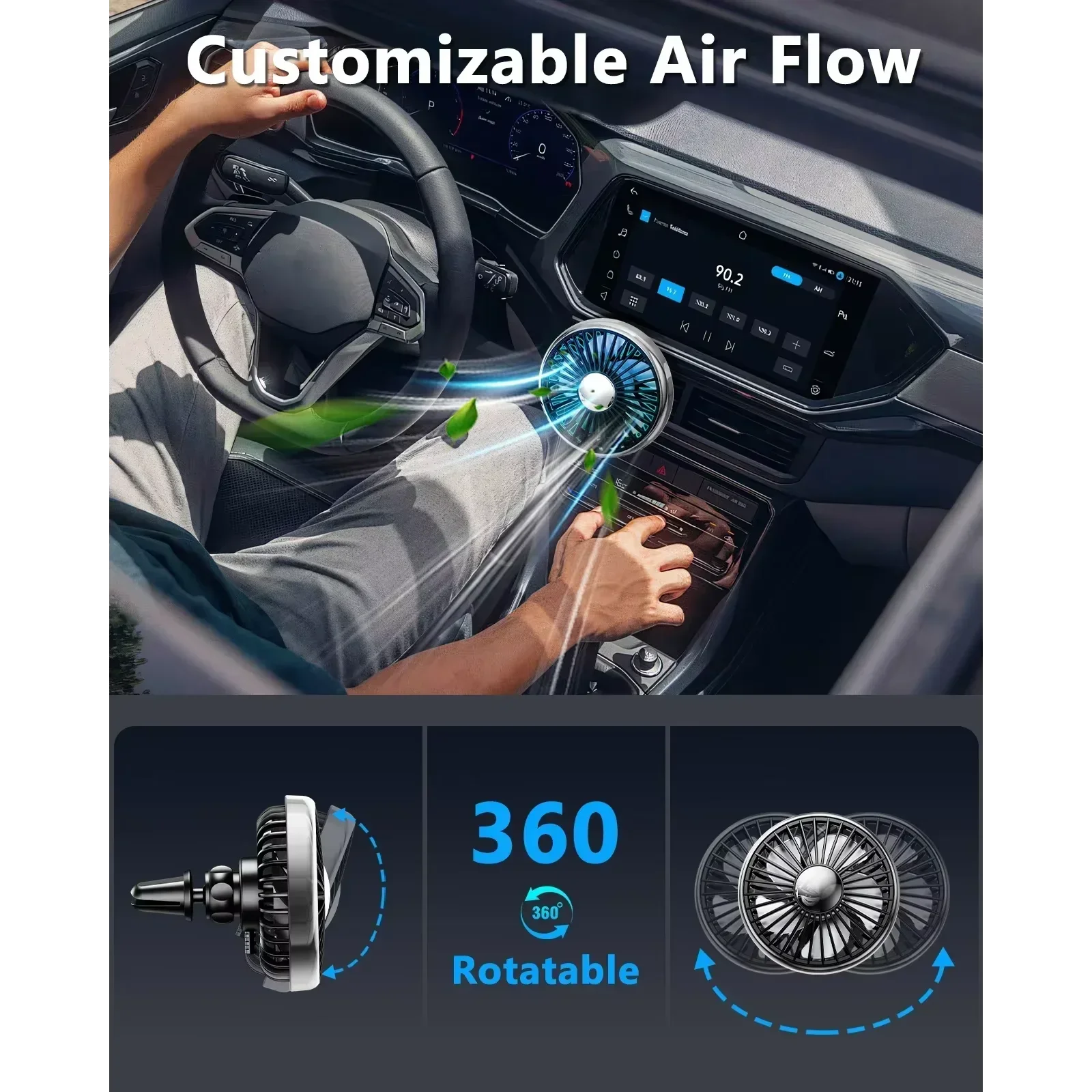 USB Car Air Vent Clip Fan 3 Speed Cooling Fan 360 Rotatable Silent Auto Air Cooler with Colorful LED Light for Rear Seat