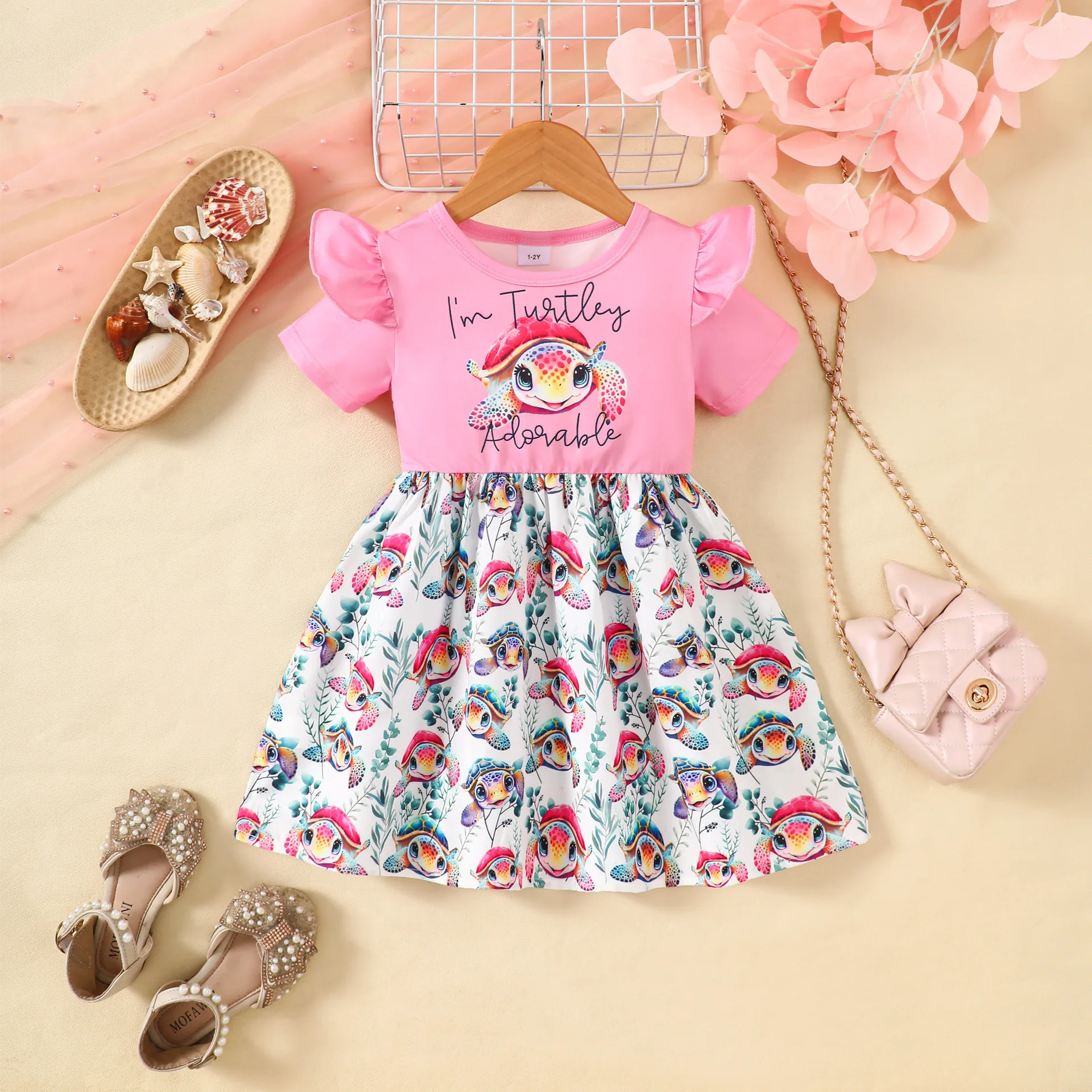 Toddler Girls Summer Casual Dress Cute Flutter Sleeve Letter Turtle Print Patchwork Allover Printed A-Line Sundress Outdoor Wear