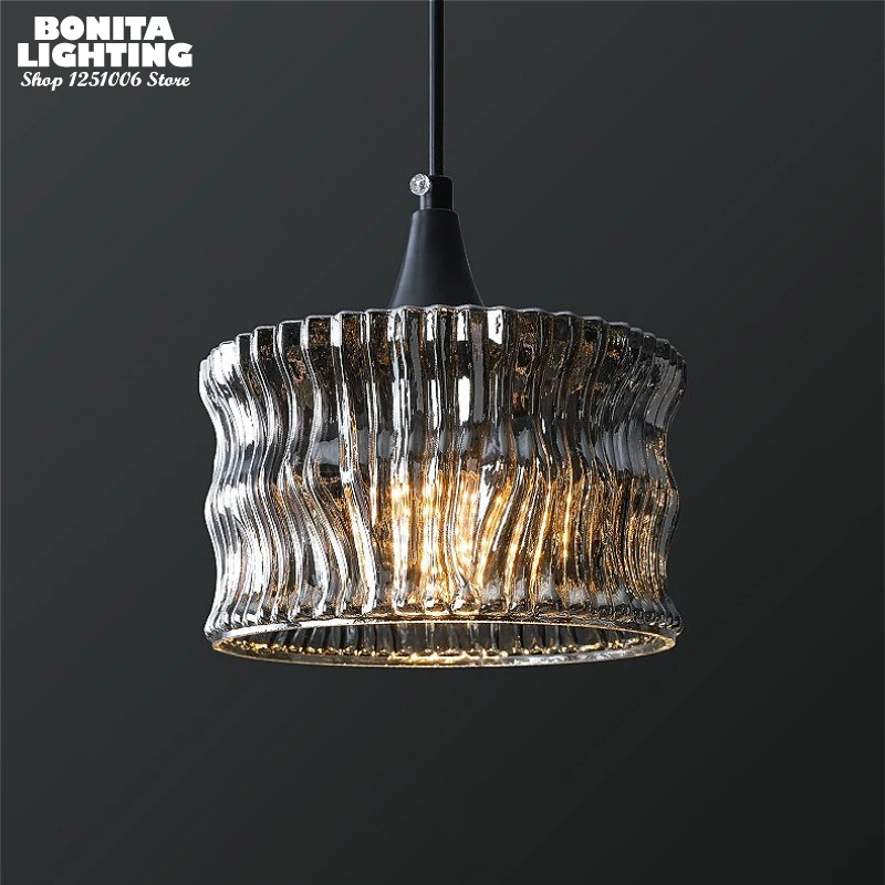 

Wave Stripe Glass Pendant Light, Modern Electroplated Gray Chandelier for Bedroom Dining Room Balcony Light and Shawdow Effect