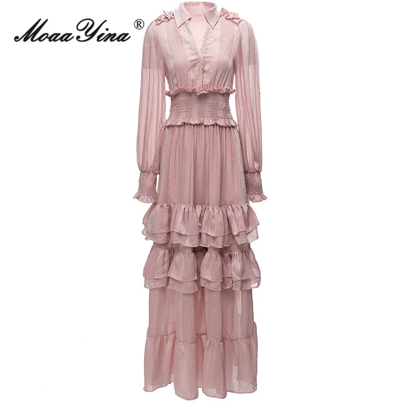 

MoaaYina Summer Fashion Runway Pink Vintage Party Dress Women Lapel Long Sleeve Embroidery Elastic Waist Ruffles Slim Long Dress